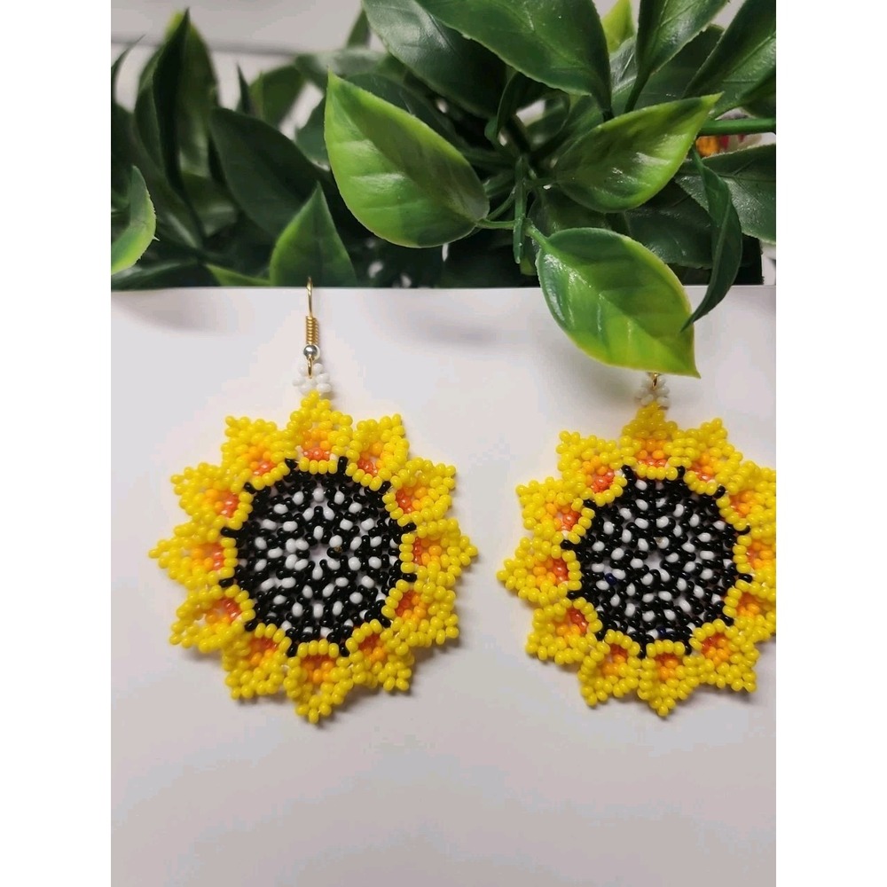 Boho Sunflower Seed Bead Earrings - Yellow Floral Dangle Jewelry - Handmade - Picture 5 of 6